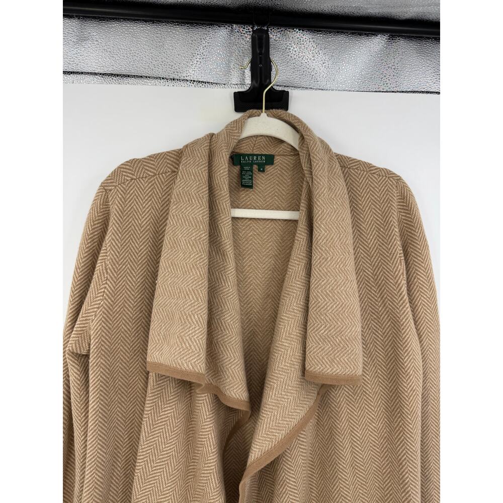 Ralph Lauren Womens M Open Cardigan Sweater Wool Cashmere Herringbone Tan - Picture 7 of 9